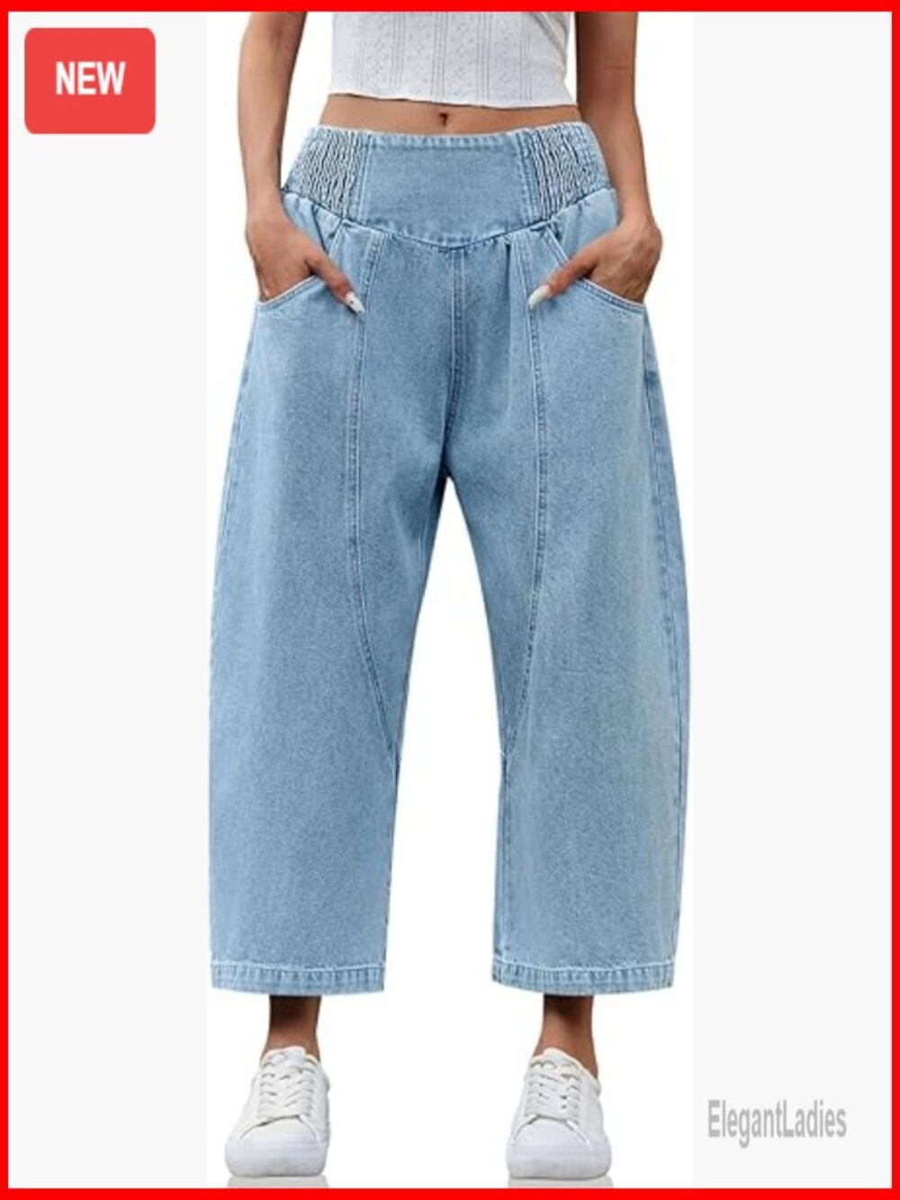 Wide Leg Cropped Jeans Smocked Waist Mid Rise Boyfriend Fit Denim Pants